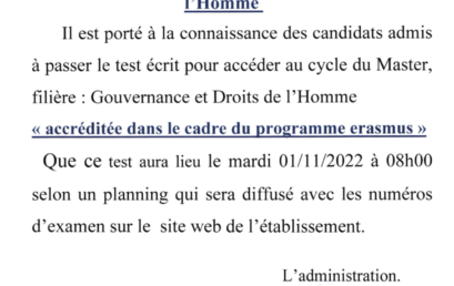 Test écrit pour l’accès au cycle de Master : Gouvernance et Droits de l’Homme