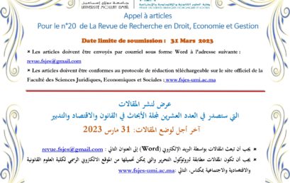 Appel à articles pour le n° 20 de la Revue de Recherche en Droit, Economie et Gestion