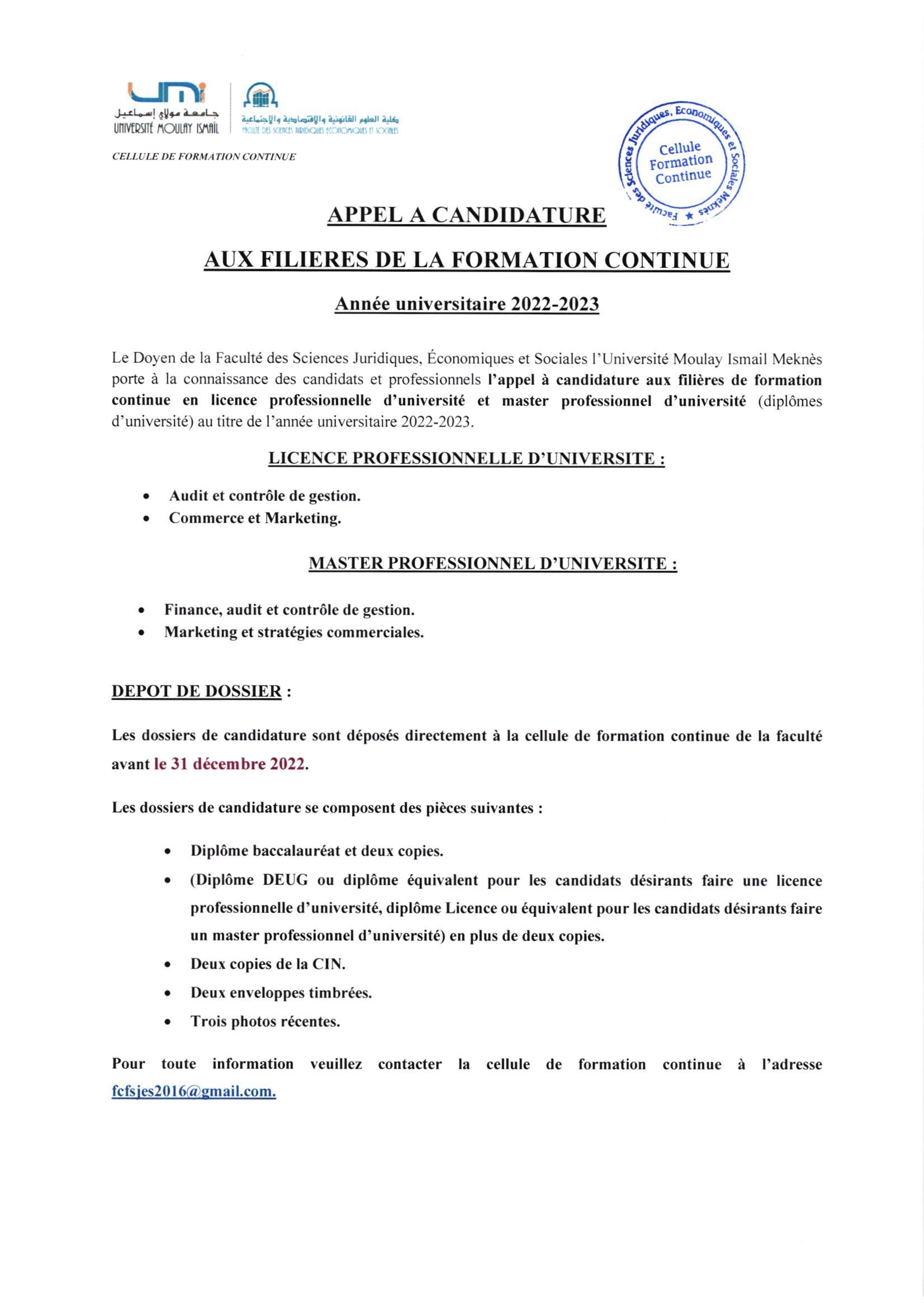 APPE A CANDIDATURE AUX FILIERES DE LA FORMATION CONTINUE