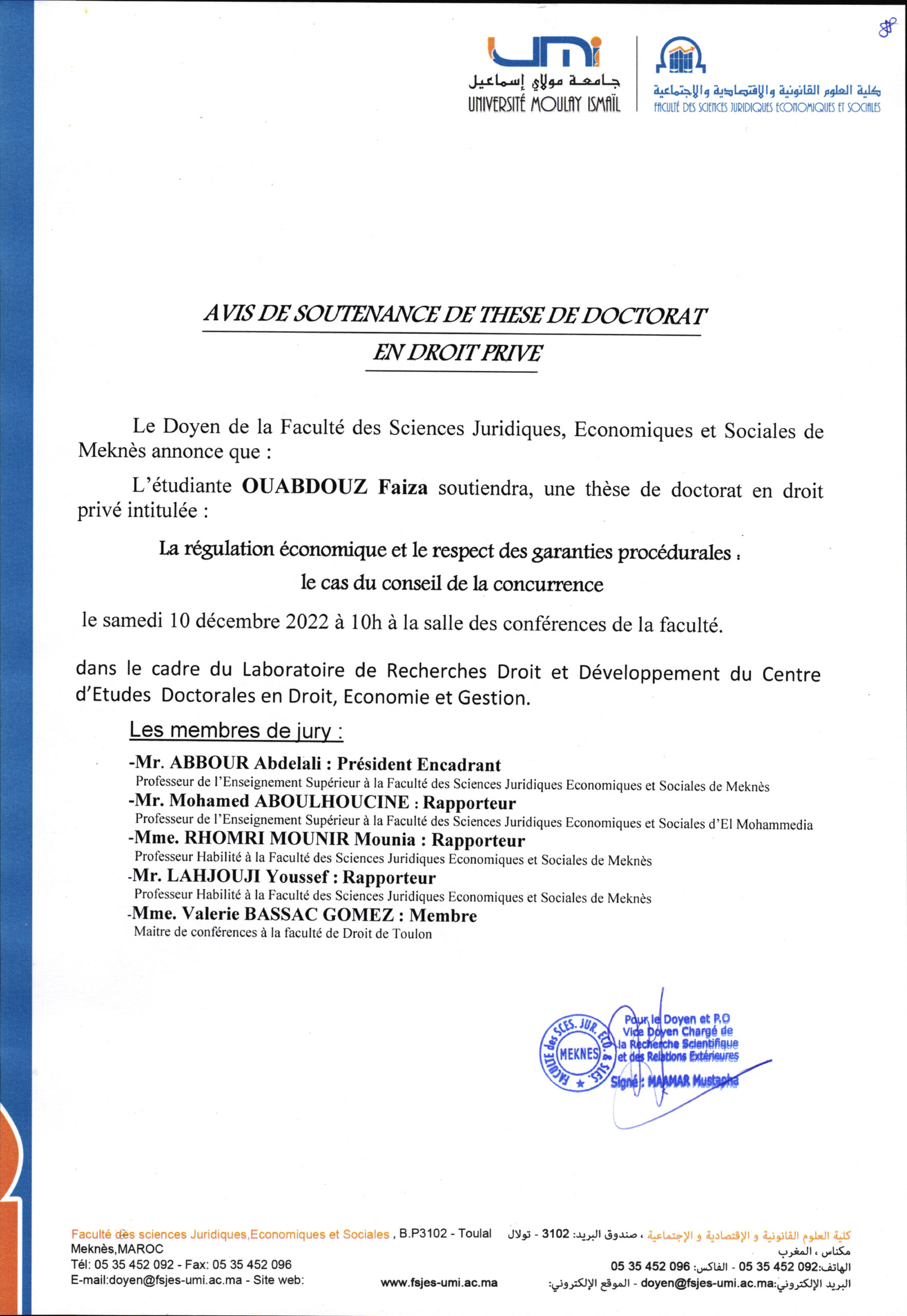 SOUTENANCE DE THÈSE DE DOCTORAT 10-12-2022