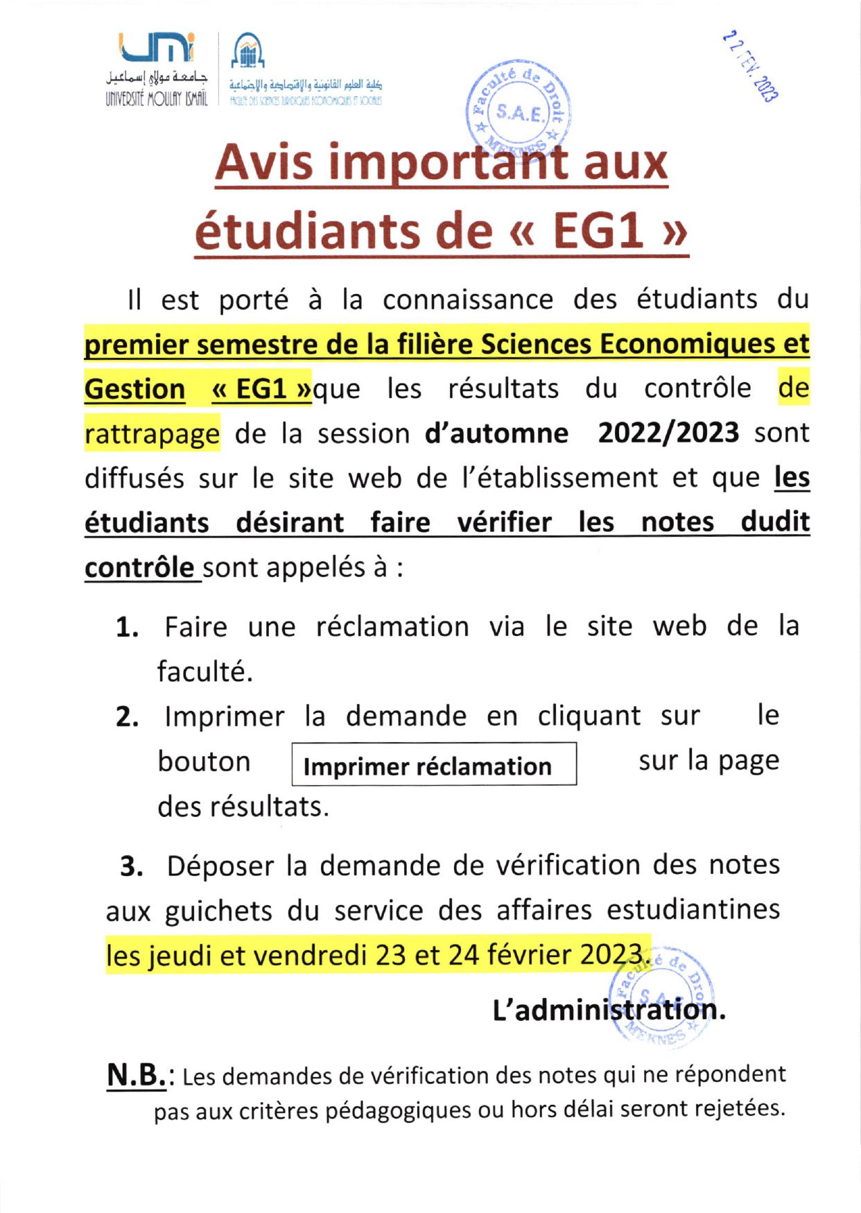 Avis aux étudaints EG1