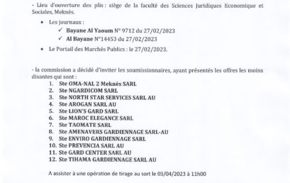 Extrait de procès verbal d’appel d’offre ouvert sur offres de prix AO N° 01/2023/GAR/FSJES