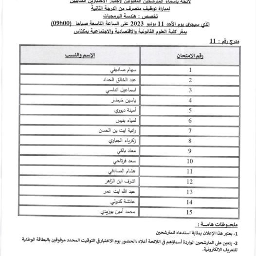 La liste des candidats convoqués pour passer les examens écrits le 11/06/2023 Spécialité : Génie logiciel
