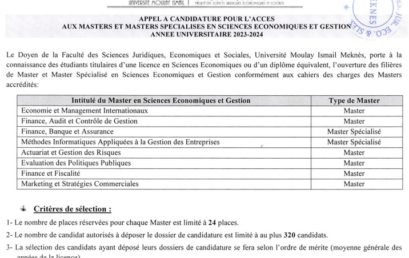 Appel à candidature pour l’accès aux Masters et Masters spécialisés (2023-2024)