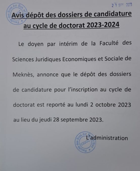 Liste des Candidats admis à déposer leur dossier de candidature pour accéder au cycle de Doctorat 2023-2024
