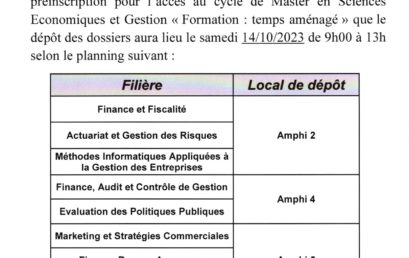 Planning dépôt des dossiers pour l’accès au cycle de Master – Formation temps aménagé