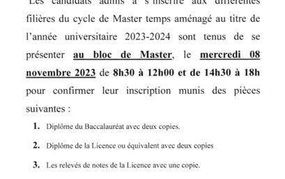 la liste des candidats admis à s’inscrire aux différentes filières du cycle de Master Temps Aménagé 2023-2024