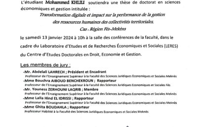 SOUTENANCE DE THÈSE DE DOCTORAT EN SCIENCES ECONOMIQUES ET GESTION 13-01-2024