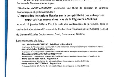 SOUTENANCE DE THÈSE DE DOCTORAT EN SCIENCES ECONOMIQUES ET GESTION 18-01-2024