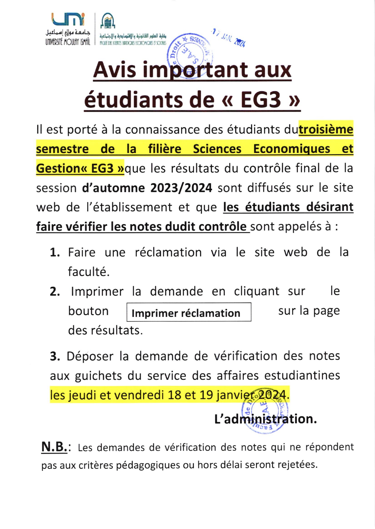 Avis important aux étudiants de EG3