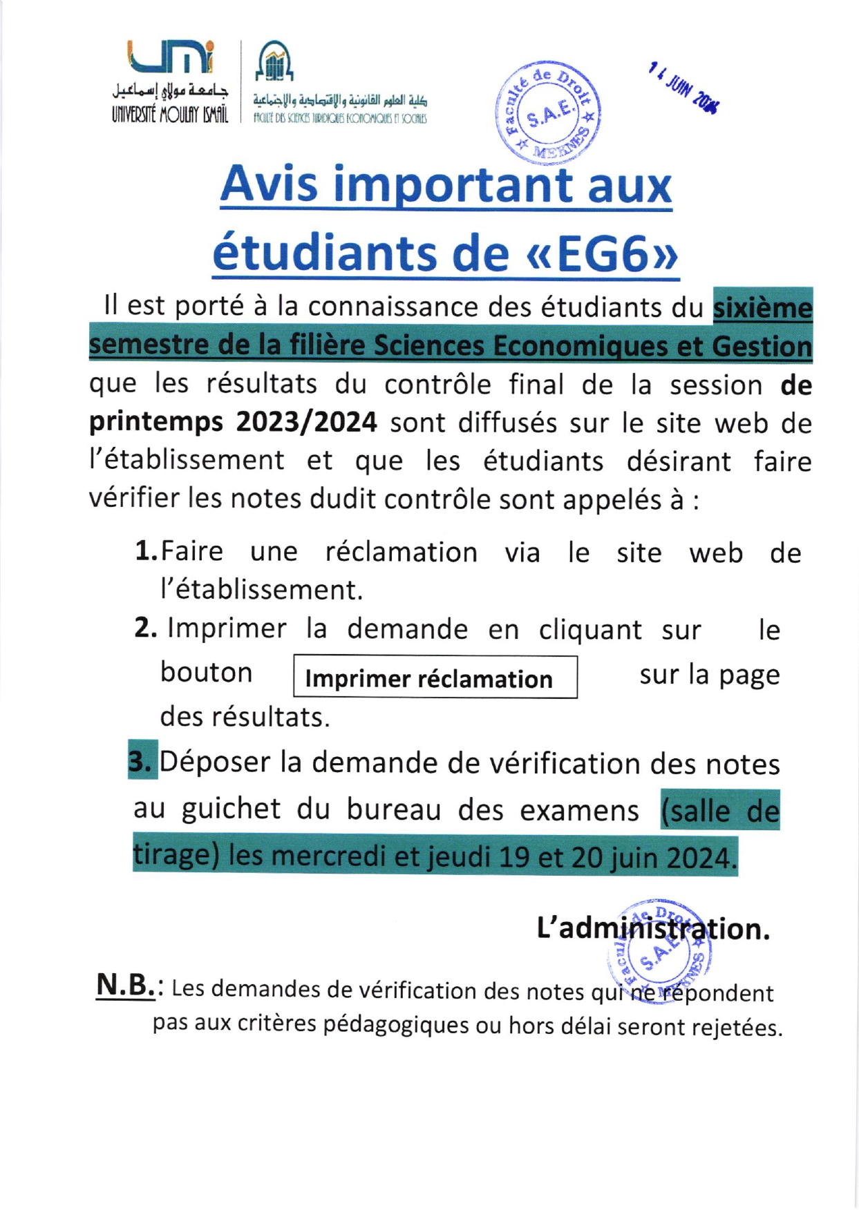 Avis aux étudiants EG6