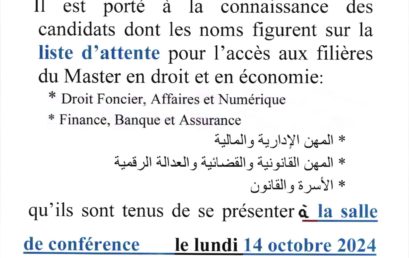 AVIS IMPORTANT : LISTE D’ATTENTE CYCLE DE MASTER