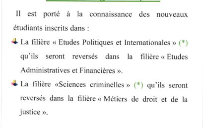Avis important aux nouveaux étudiants inscrits en Licence de droit en langue français