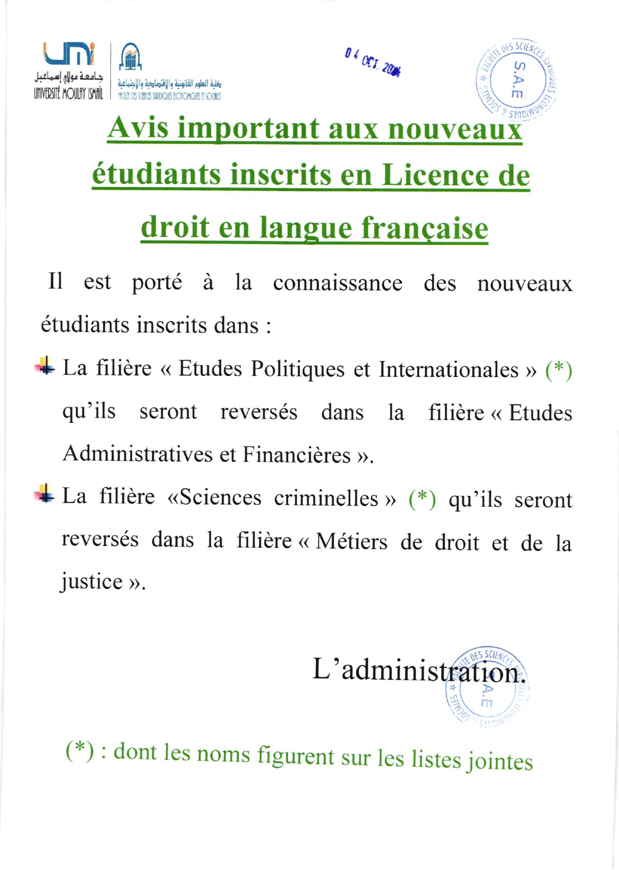 Avis important aux nouveaux étudiants inscrits en Licence de droit en langue français